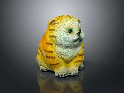 Yellow Orange Striped Cat Plush Toy With Green Eyes Sitting On Black Background With Reflection 3d model