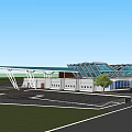 Large Public Building With Blue Roof Glass Structure Circular Paved Area Parking Lot And Trees