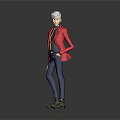 Game Movie Character With Red Coat Blue Pants Gray Hair Standing Pose Full Body