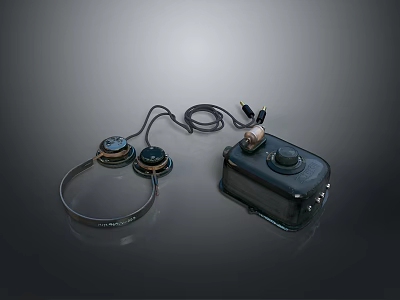 Retro Electronic Communication Equipment Featuring Headset And Black Device With Knobs And Plug 3d model
