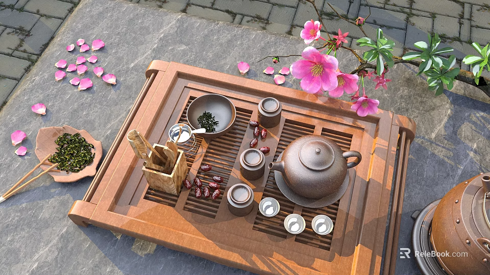 Traditional Chinese Tea Set on Wooden Tray with Teapot Cups and Peach Blossoms 3d model 