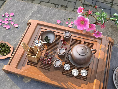 Traditional Chinese Tea Set on Wooden Tray with Teapot Cups and Peach Blossoms 3d model