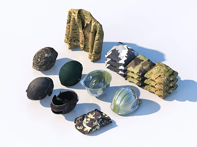 Camouflage Themed Living Supplies Including Jackets Hats and Gloves in Various Colors 3d model