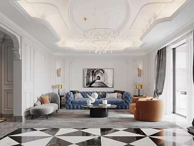 Modern Elegant Living Room Interior With Blue Sofa Orange Armchair And Crystal Chandelier 3d model