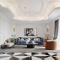 Modern Elegant Living Room Interior With Blue Sofa Orange Armchair And Crystal Chandelier
