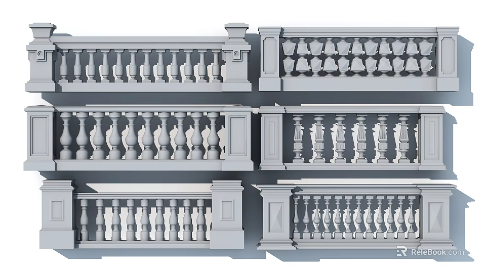 Different Styles Of White Classical Architectural Railings With Decorative Balusters And Ornate Designs 3d model 