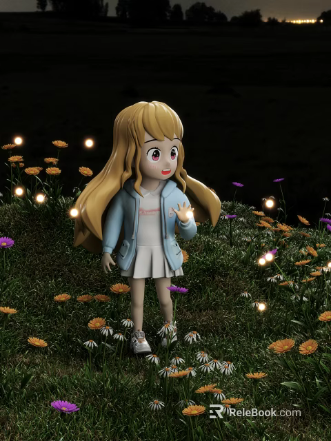 Cartoon Girl With Blonde Hair Standing In Grass Surrounded By Colorful Flowers And Glowing Lights 3d model 