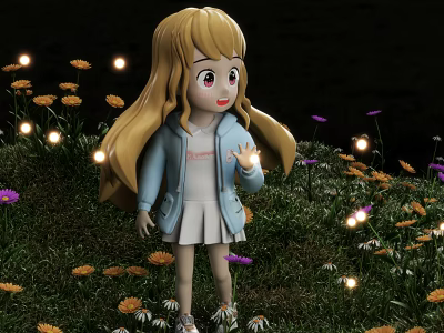 Cartoon Girl With Blonde Hair Standing In Grass Surrounded By Colorful Flowers And Glowing Lights 3d model