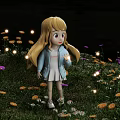 Cartoon Girl With Blonde Hair Standing In Grass Surrounded By Colorful Flowers And Glowing Lights