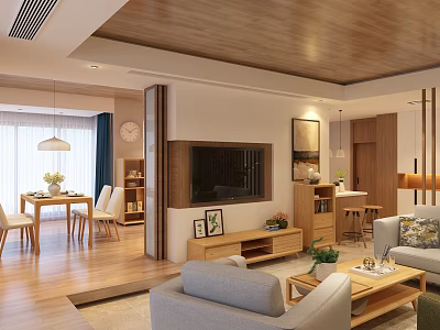 Modern Living Dining Room Interior With Wooden Ceiling Sofa And Dining Table 3d model