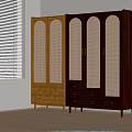 Two Modern Wardrobes In Light And Dark Wood With Arched Rattan Doors And Drawer Storage