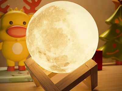 Glowing Moon Shaped Table Lamp With Wooden Stand For Cozy Room Decor 3d model