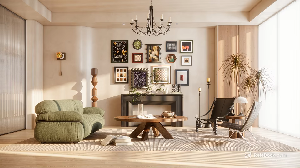 Cozy Living Room Interior With Green Sofa Fireplace Chandelier And Framed Artworks On Wall 3d model 