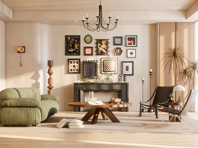 Cozy Living Room Interior With Green Sofa Fireplace Chandelier And Framed Artworks On Wall 3d model