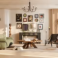 Cozy Living Room Interior With Green Sofa Fireplace Chandelier And Framed Artworks On Wall