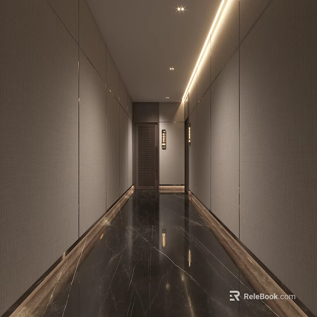 Elevator Hallway Featuring Gray Walls Dark Marble Flooring Wooden Door And Linear Lighting 3d model 