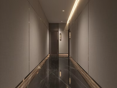 Elevator Hallway Featuring Gray Walls Dark Marble Flooring Wooden Door And Linear Lighting 3d model