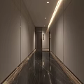 Elevator Hallway Featuring Gray Walls Dark Marble Flooring Wooden Door And Linear Lighting