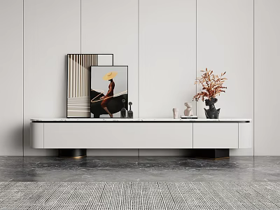 Modern Living Room TV Cabinet With White Finish Artwork Vase And Decorative Pieces 3d model