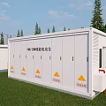 Outdoor Charging Station With Multiple White Units Yellow Warning Signs And Roadside Green Grass Trees