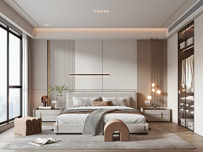 Modern Bedroom Interior Design With Bed Nightstands Rug Large Windows And Decorative Lighting 3d model