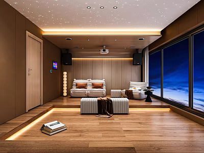 Home Theater Room Interior Design With Starry Ceiling Projector Plush Sofas And Wooden Flooring 3d model
