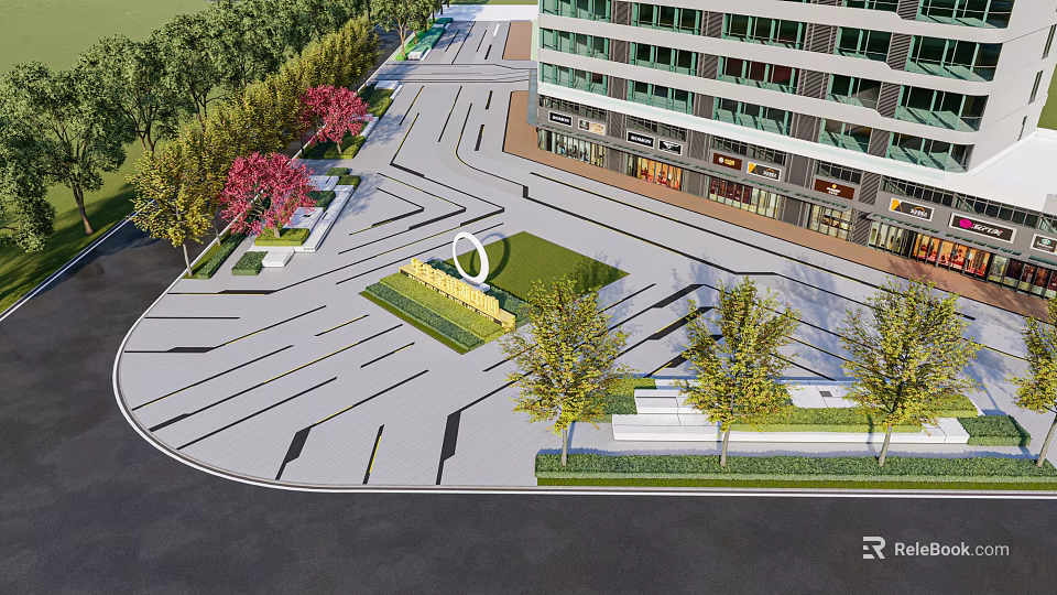 Modern Commercial Plaza Landscape With Building Trees And Paving Design Elements 3d model 