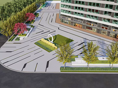 Modern Commercial Plaza Landscape With Building Trees And Paving Design Elements 3d model