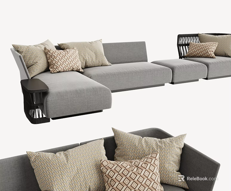 Modern Gray Fabric Sectional Sofa With Geometric Pattern Pillows And Side Table 3d model