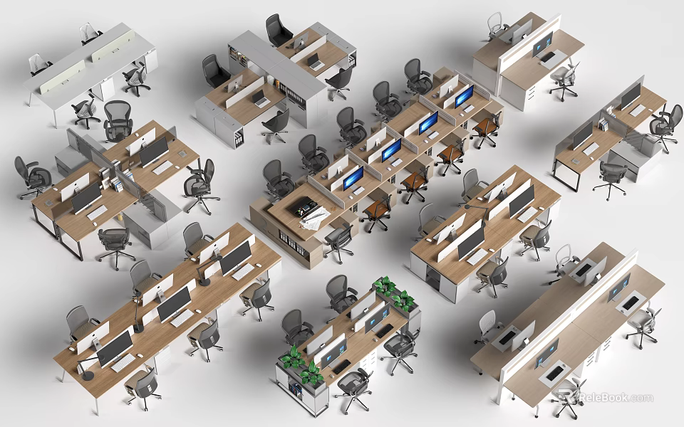 Modern Office Workspace With Ergonomic Desk And Chair Sets And Computers 3d model