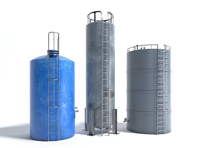 Three Industrial Storage Tanks With Blue And Gray Bodies Ladders And Top Railings 3d model