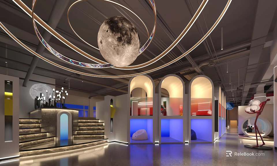 Tranquil SPA Sauna Interior With Moon Decoration Circular Light Strips Arched Structures And Blue Lighting 3d model 