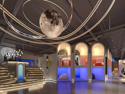 Tranquil SPA Sauna Interior With Moon Decoration Circular Light Strips Arched Structures And Blue Lighting 3d model