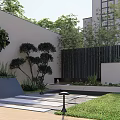 Modern Courtyard Garden Featuring White Building Black Fence Greenery Lawn Slate Path And Garden Lights