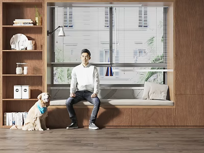 Cozy Bay Window Seat Interior With Man Sitting Dog Wooden Shelf Lamp And Scenic View 3d model