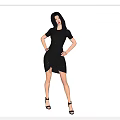 Woman in Black Dress with Asymmetrical Hem Posing Hands on Hips in Three Angles