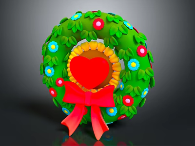 Vibrant Circular Wreath Decorative Ornament Set With Green Leaves Colorful Flowers Red Heart And Bow 3d model