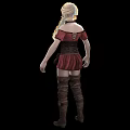 Blonde Woman In Red Off Shoulder Dress With Brown Corset And Boots From Multiple Angles