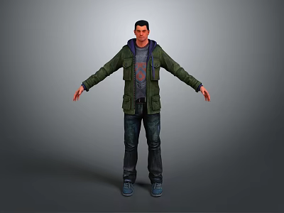 Male Game and Movie Character Wearing Green Jacket Blue Jeans Graphic T-Shirt with Arms Outstretched 3d model