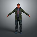 Male Game and Movie Character Wearing Green Jacket Blue Jeans Graphic T-Shirt with Arms Outstretched