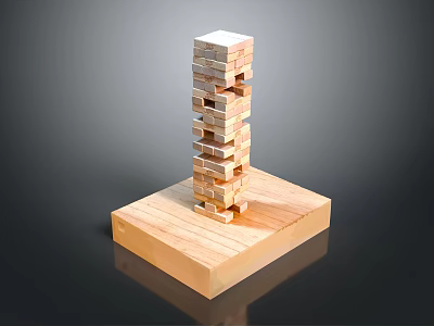 Tall Stacked Wooden Blocks Tower Structure On Square Wooden Base 3d model