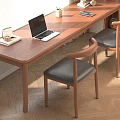 Wooden Desk And Chair Set With Black Leather Seats Laptop Notebooks And Bookshelf