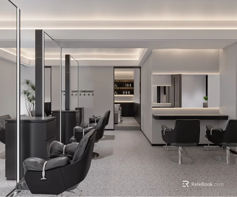 Modern Sleek Minimalist Hair Beauty Salon Interior With Comfortable Chairs And Professional Styling Stations 3d model 