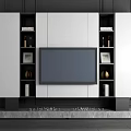 Modern TV Background Cabinet With White Grey Panels Wooden Base TV Screen And Decorative Items