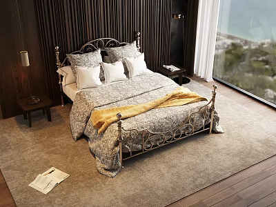 Ornate Metal Double Bed With Patterned Quilt Yellow Blanket Nightstand Lamp Large Window Sea View 3d model