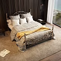 Ornate Metal Double Bed With Patterned Quilt Yellow Blanket Nightstand Lamp Large Window Sea View