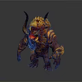 Game Movie Character Mythical Horned Monster With Flaming Orange Fur Red Face And Purple Body