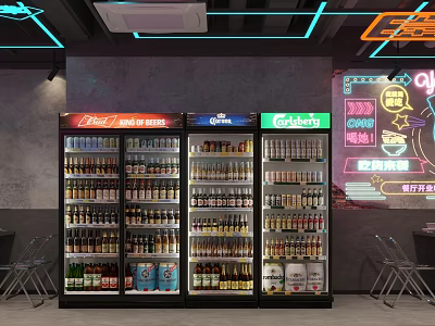 Modern Restaurant Interior With Neon Lights Beverage Display Fridges Beer And Coca-Cola Selection 3d model