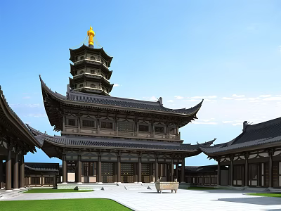 Ancient Chinese Pagoda Architecture With Golden Spire And Traditional Courtyard 3d model