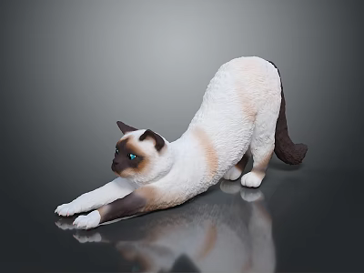 Siamese cat figurine stretching body lying on smooth black surface with reflection 3d model